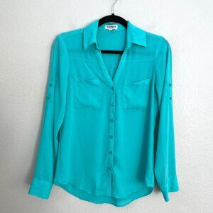Express The Portofino Shirt Turquoise XS Button Up Blouse Roll Tab Sleeve Top
